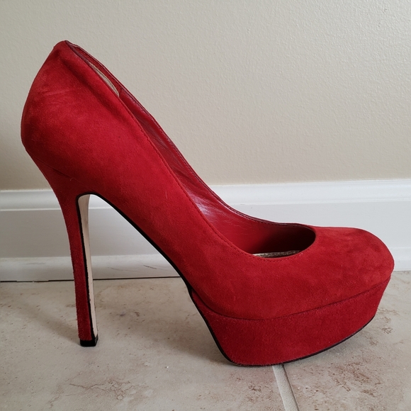 red suede platform heels